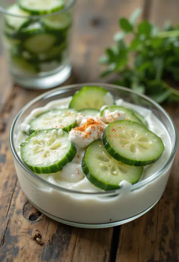 Ensalada fresca de pepino con nata, ajo y pimentón, servida en bol blanco