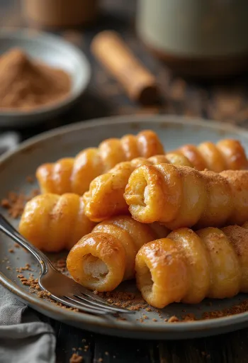 Tulumba con canela, dulce crujiente espolvoreado con azúcar y canela