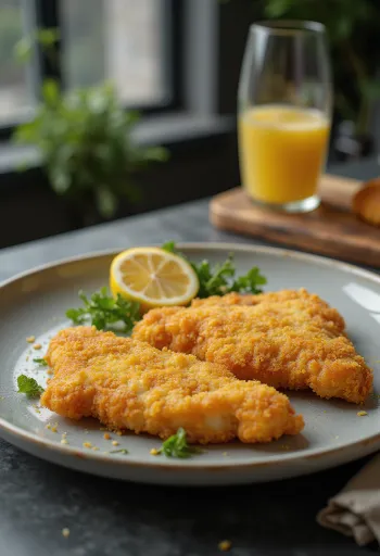 Escalope vienés crujiente servido con limón y patatas al perejil