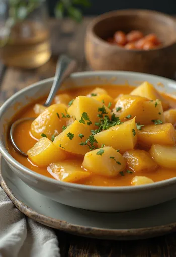 Estofado de patatas en salsa espesa y cremosa, espolvoreado con perejil fresco