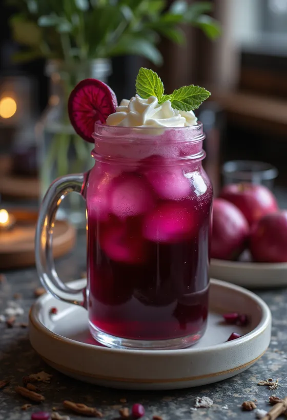 Sidra de remolacha y manzana servida en vaso