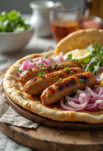Ćevapi con cebolla, servidos sobre pan pita.