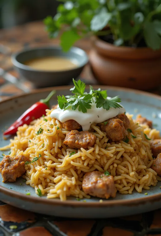 Ghuzi con yogur, servido con carne especiada y cilantro fresco