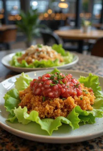 Kısır con pasta de tomate servido con perejil fresco