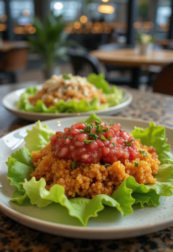 Kısır con pasta de tomate servido con perejil fresco