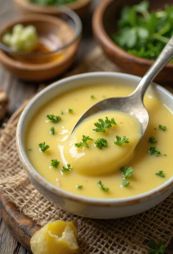 Salsa de mostaza y miel con eneldo en un bol, servida con eneldo fresco y limón