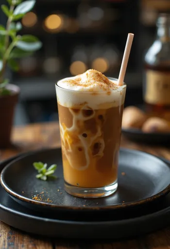 Frappé de miel y ron, bebida cremosa de café decorada con nata montada y canela