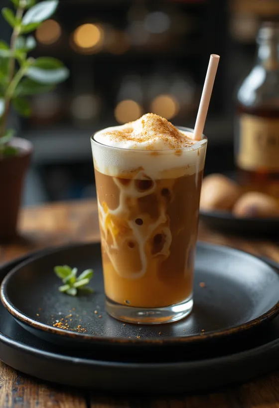 Frappé de miel y ron, bebida cremosa de café decorada con nata montada y canela