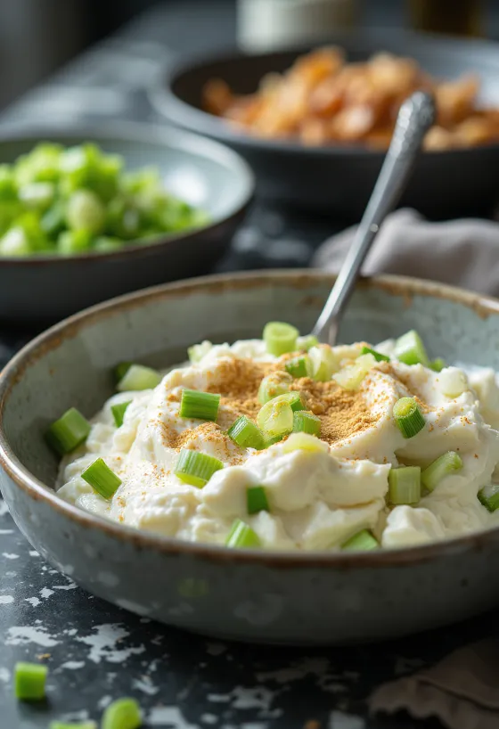 Relleno de requesón y puerro prebiótico servido con textura cremosa, cebolleta fresca