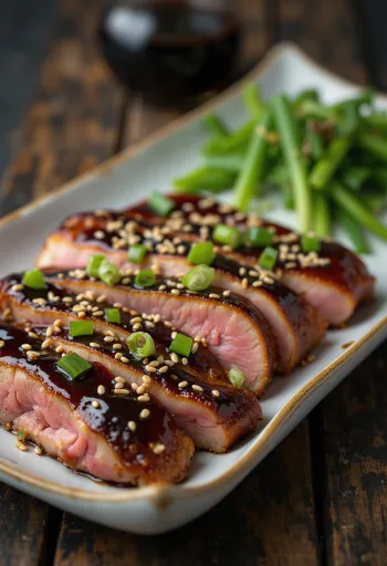 Pato Teriyaki, pechuga de pato estilo japonés con salsa y sésamo