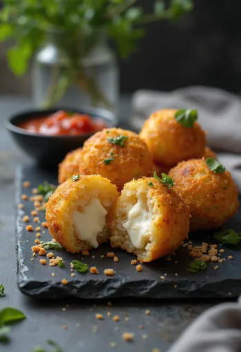 Arancini servidos con salsa de tomate