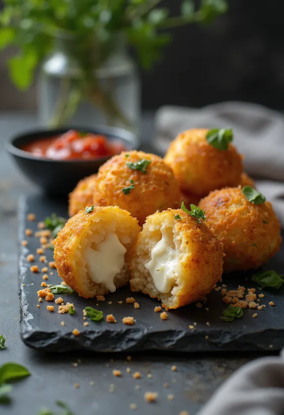Arancini servidos con salsa de tomate