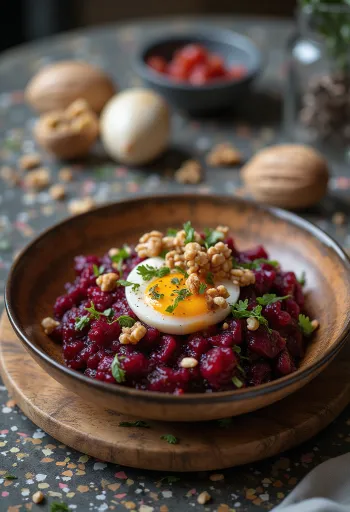 Caponata de remolacha y nueces servida en plato rústico
