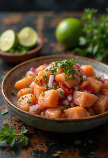 Ceviche de Salmón recién servido, decorado con cilantro y lima