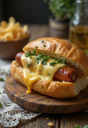 Choripán con queso, servido con cilantro fresco y baguette tostada