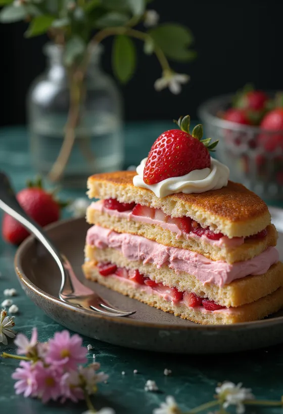 Tarta rellena de crema de fresas decorada con fresas frescas
