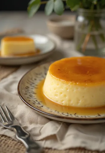 Flan clásico tembloroso en un plato blanco con caramelo