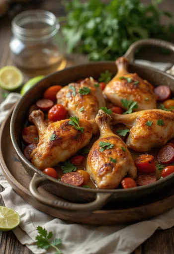 Frango assado con chorizo, servido con cilantro fresco y zumo de lima