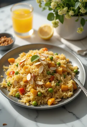Kabsa en versión vegana, servida con ricas verduras y un plato a base de arroz especiado.