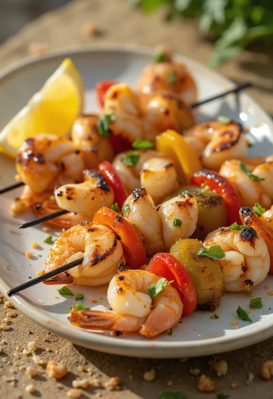 Brochetas de marisco a la parrilla servidas con verduras y perejil fresco