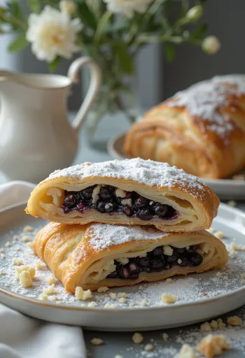 Strudel de amapola recién horneado con masa crujiente, cortado en rodajas y espolvoreado con azúcar glas