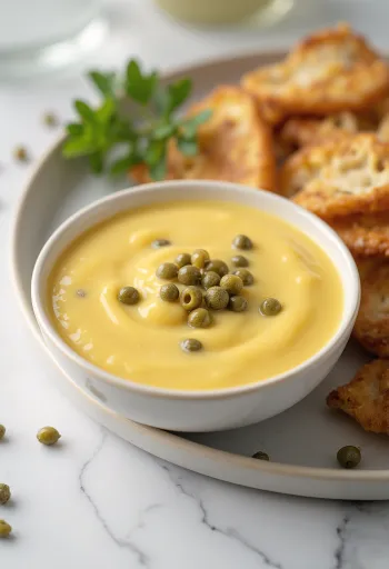 Salsa de mostaza y miel con alcaparras en un bol, decorada con alcaparras y perejil fresco