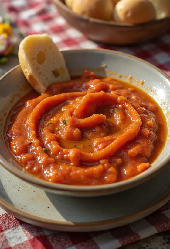 Salsa de mojo rojo dulce en un cuenco, rodeada de trozos de pimiento asado