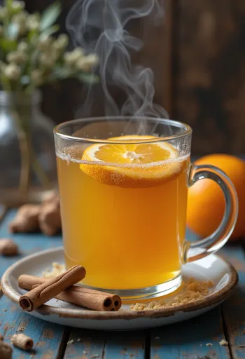 Ponche de naranja y clavo, bebida caliente decorada con rodaja de naranja y canela