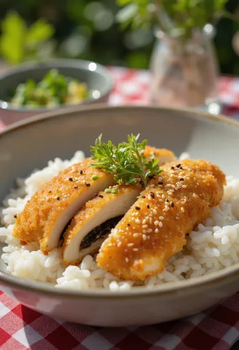 Katsudon Negi-miso con relleno de cebolleta y miso, pollo crujiente con salsa de miso y cebolleta fresca
