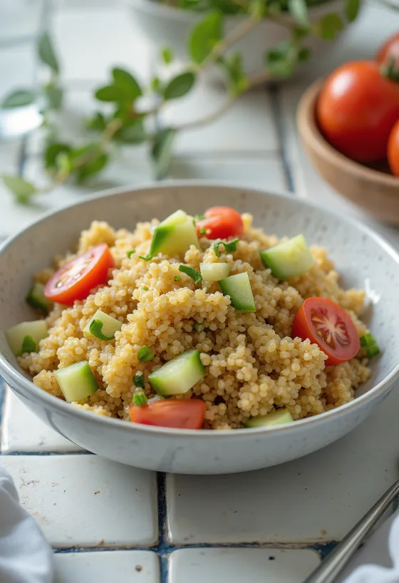 Ensalada de quinoa con salsa tahini servida