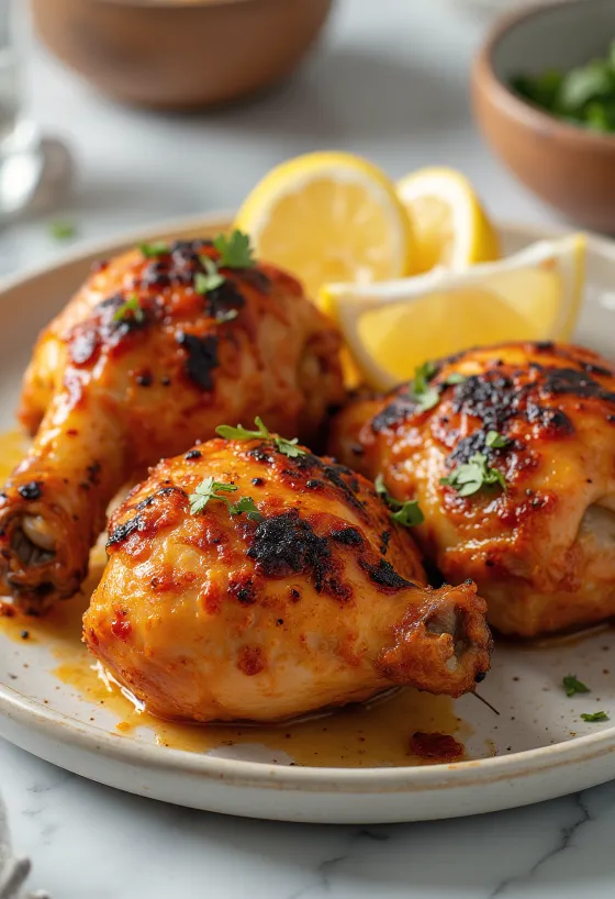 Pollo Tandoori asado en adobo de yogur, servido con hierbas frescas