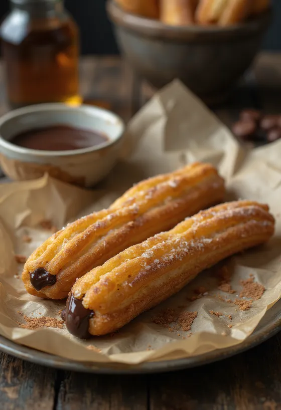 Churros rellenos de crema de chocolate, dorados y crujientes