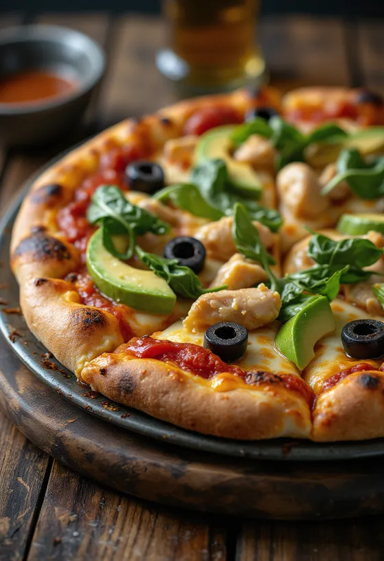 Pizza California con aguacate fresco, pechuga de pollo y espinacas