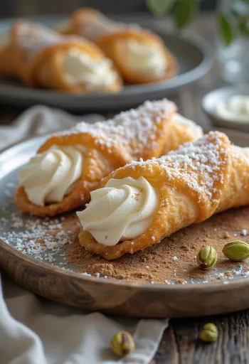Cannoli con coco rallado, decorado con chocolate y pistacho tostado