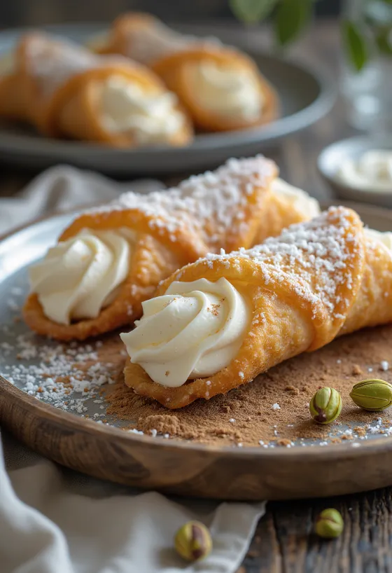 Cannoli con coco rallado, decorado con chocolate y pistacho tostado