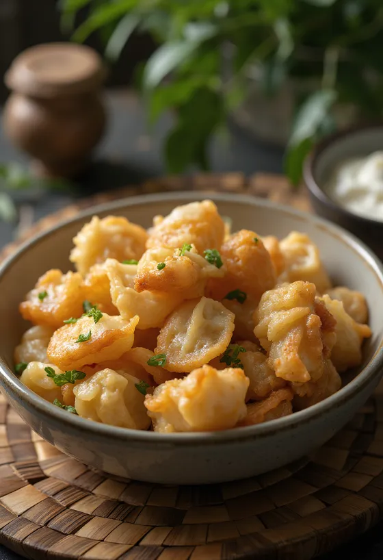 Chuchvara con relleno especiado, masa frita dorada