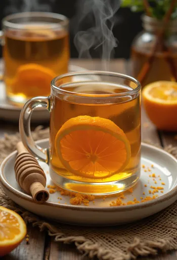 Sidra de canela y miel, bebida caliente decorada con rodaja de naranja y canela