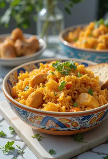 Arroz Jollof servido con pollo