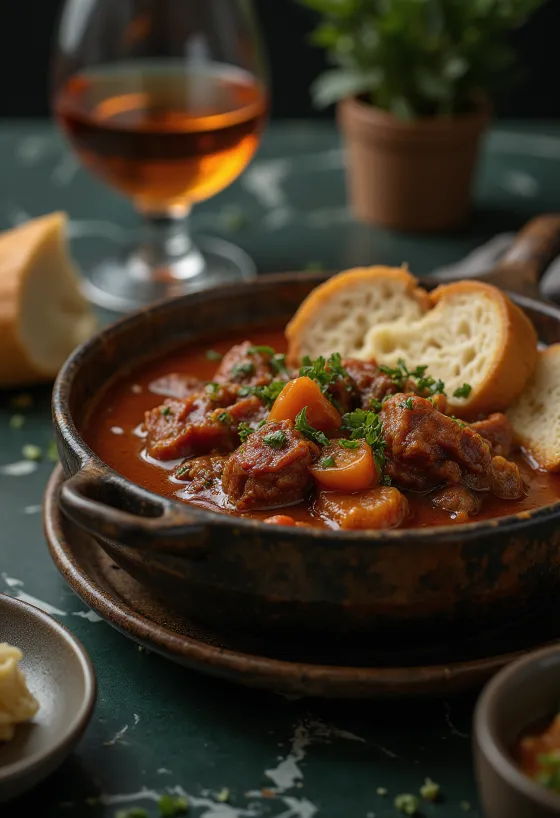 Estofado de ternera con jugosos cubos de carne en salsa de pimentón