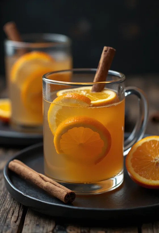 Sidra caliente con naranja y especias servida