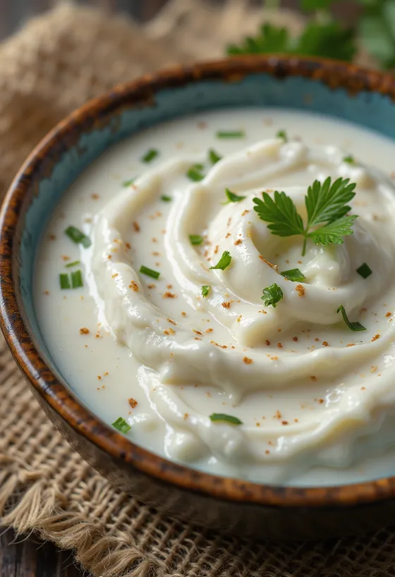 Salsa de eneldo y crema agria servida con verduras y pescado