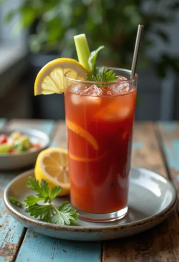 Cóctel Bloody Mary decorado con tallo de apio y rodaja de limón