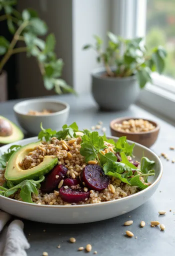 Bowl de Buda con quinoa y remolacha con semillas tostadas