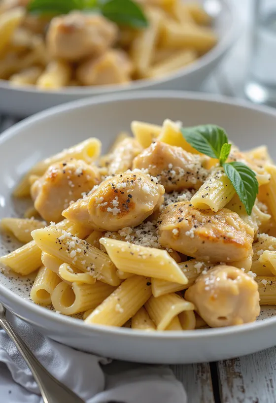 Pasta con pollo en salsa cremosa espolvoreada con hierbas frescas