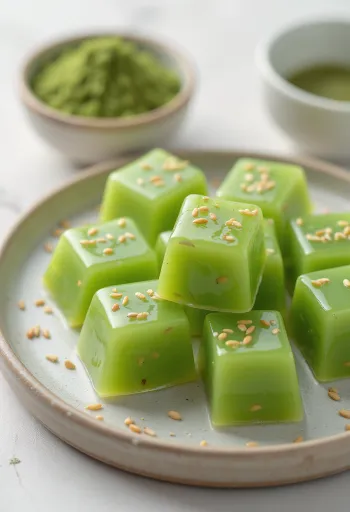 Kuzumochi con matcha, postre japonés de textura verde y sedosa con sésamo