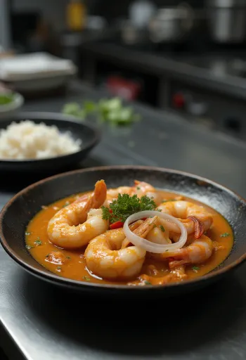 Moqueca con gambas, aros de cebolla y verduras, servida en cazuela negra