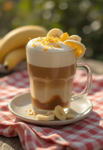 Latte de naranja y plátano, bebida cremosa de café decorada con ralladura de naranja