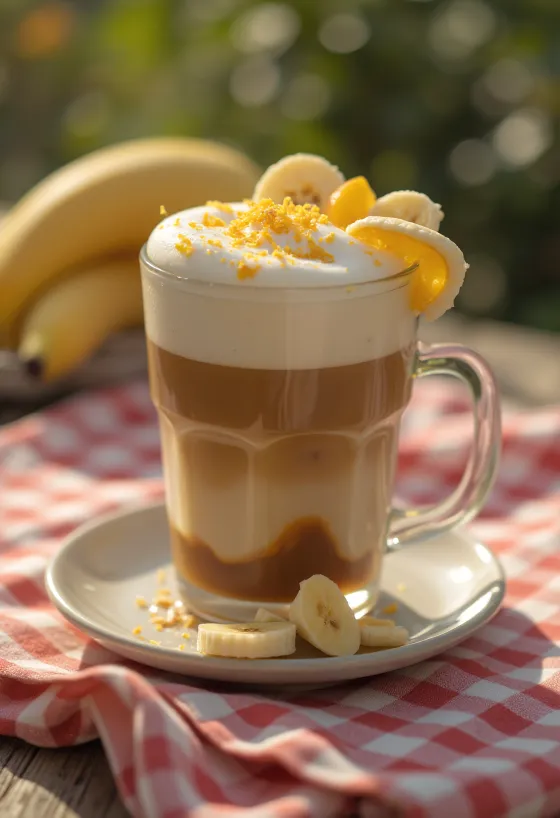 Latte de naranja y plátano, bebida cremosa de café decorada con ralladura de naranja