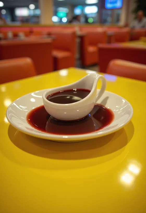 Salsa de vino tinto a la naranja en una salsera, decorada con romero fresco y piel de naranja.