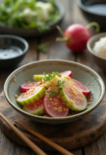 Nukazuke, verduras fermentadas en un bol, con diferentes verduras coloridas y pasta de vinagre de arroz